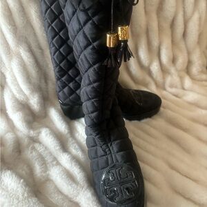 Tory Burch Quilted Black Boots with Gold Accents